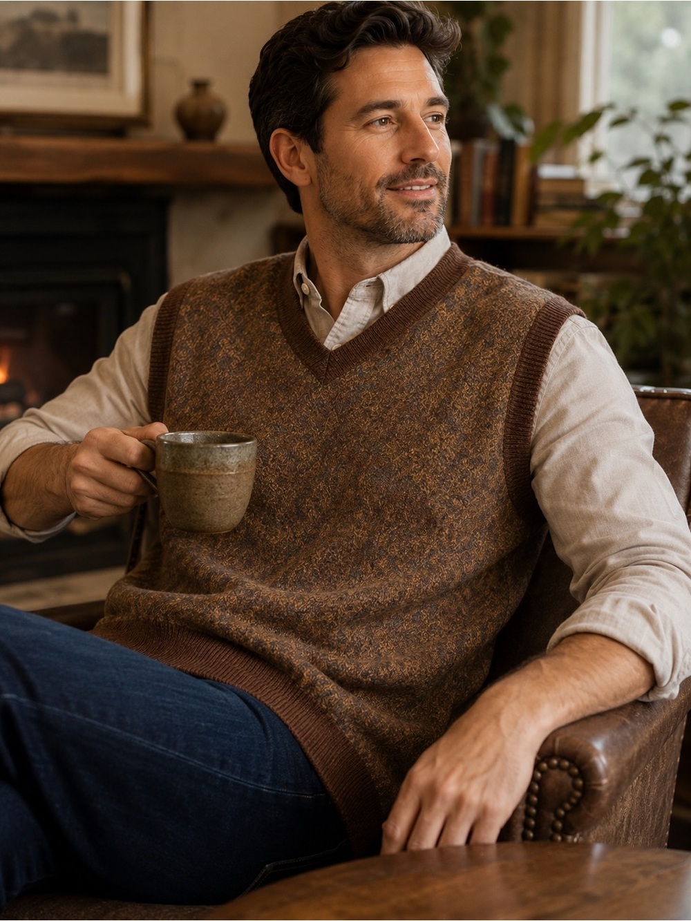 Robert Talbott Men’s 100% Merino Wool V-Neck Sweater Vest Brown L